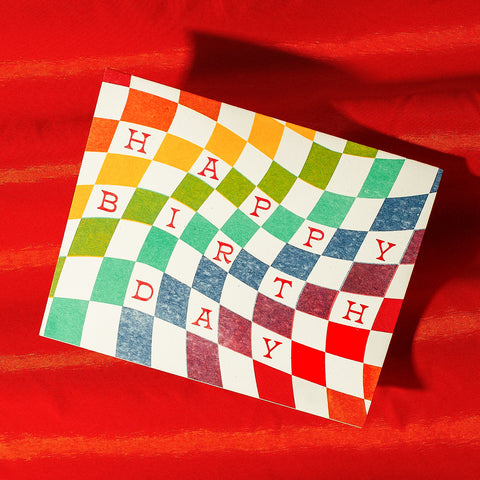 Rainbow Checkerboard Birthday - Risograph Card