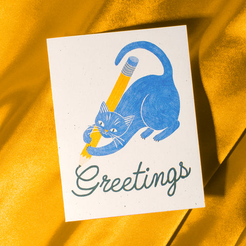 Greetings Pencil Cat - Risograph Card