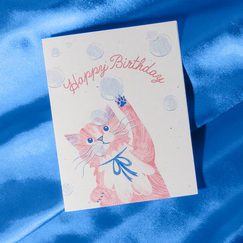 Bubbles Birthday Cat - Risograph Card