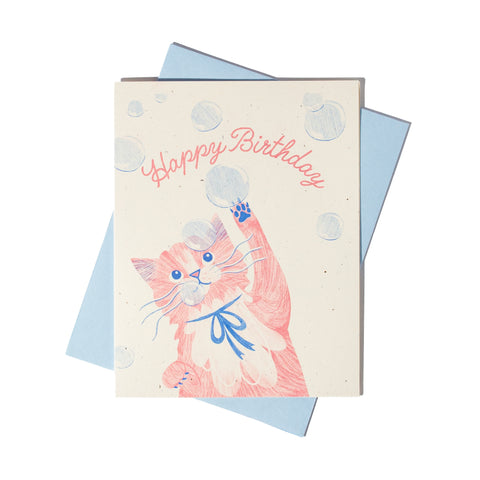 Bubbles Birthday Cat - Risograph Card