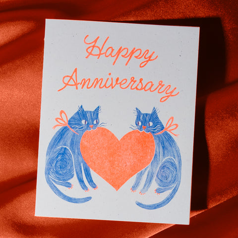 Anniversary Heart Cats - Risograph Card
