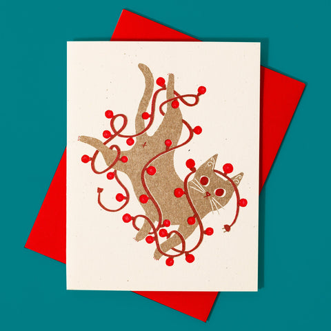 Tangled Holiday Cat - Risograph Card