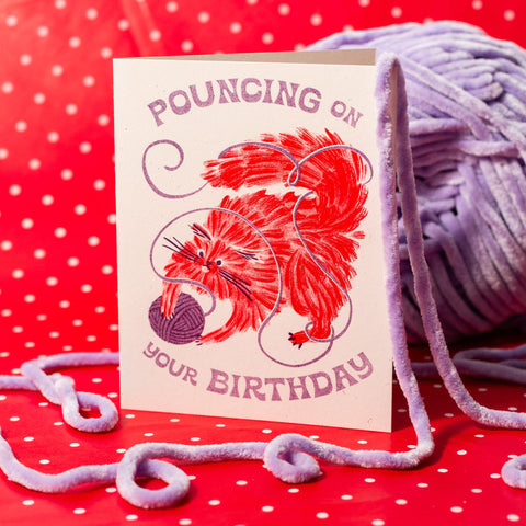 Pouncing On Your Birthday Cat - Risograph Card
