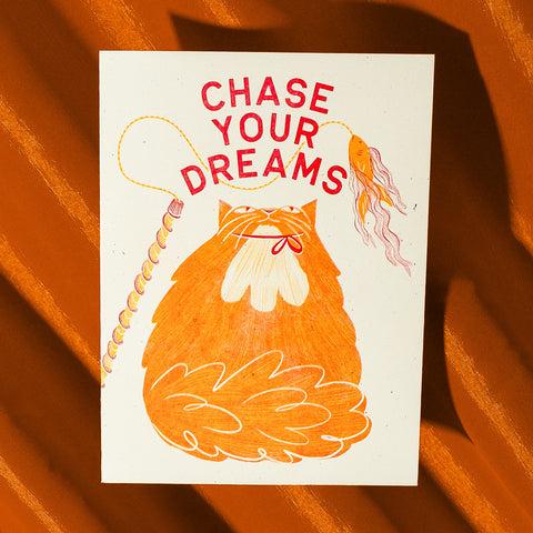 Chase Your Dreams Cat - Risograph Greeting Card