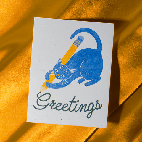 Greetings Pencil Cat - Risograph Card