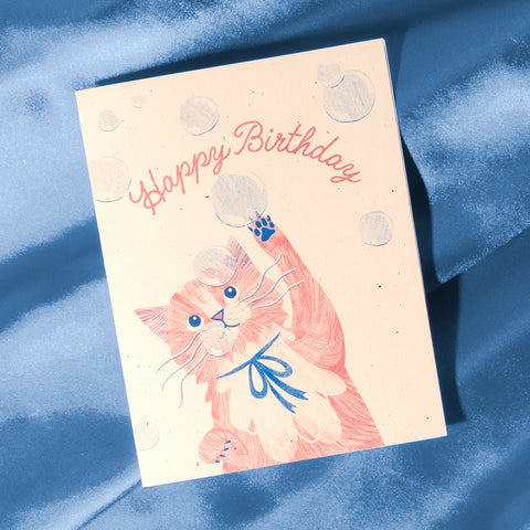 Bubbles Birthday Cat  - Risograph Card