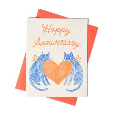 Anniversary Heart Cats - Risograph Card